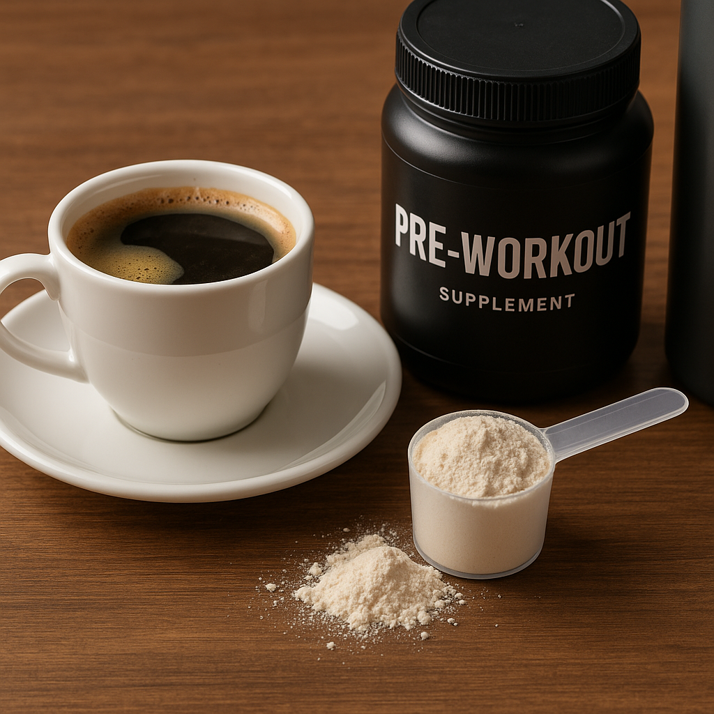 Cafeïne voor sportprestaties – kop koffie en pre-workout supplement naast sportaccessoires."