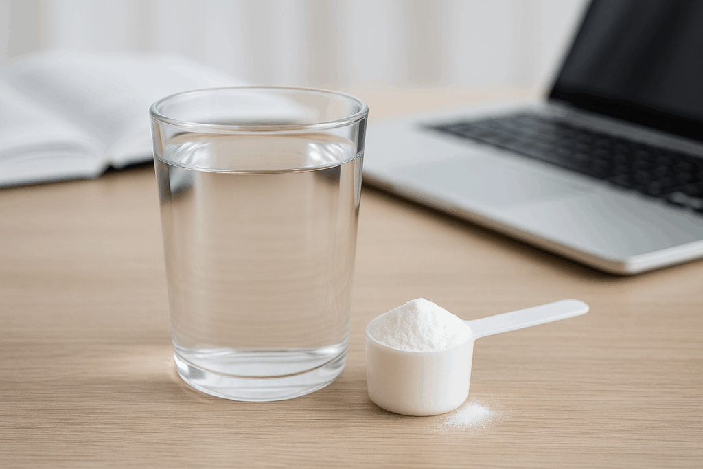 Glas water met creatinepoeder en laptop op de achtergrond – creatine voor sport en mentale gezondheid