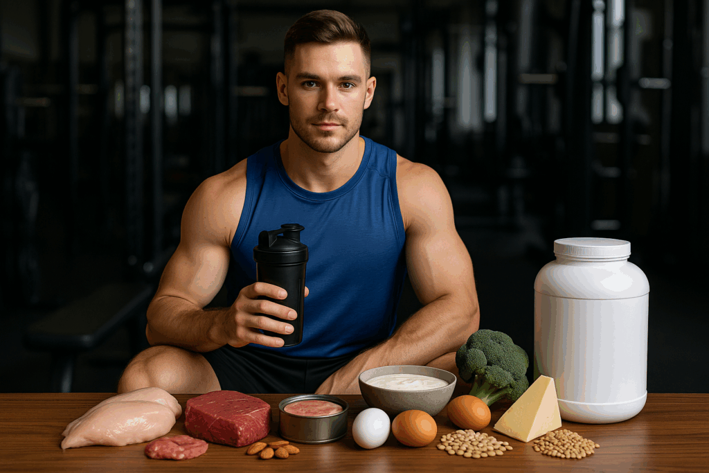 Sportieve man met eiwitshake aan tafel met gezonde eiwitrijke voedingsmiddelen zoals kip, rundvlees, eieren, tofu, linzen, kaas, amandelen en kwark – ideaal voor spieropbouw en herstel.